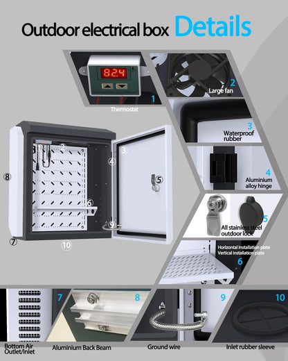 Akwscyby Outdoor Electrical Box with Thermostat and Fan, Precise Temperature Control 0.1°F, IP65 Water Resistant Rating, Galvanized Steel, Aluminum Rear Beam(21.7" x 17.3" x 9.0")