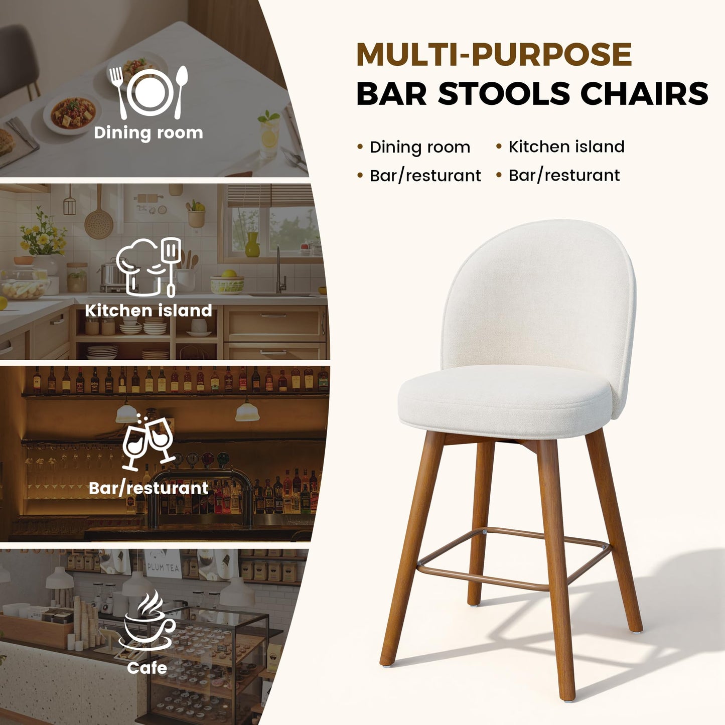 Daluvenix Modern Swivel Bar Stools Set of 3, Chic Upholstered Counter Height（26IN） Bar Chair with Back, Solid Wood Legs and Footrest, Comfortable Chenille Bar Stool for Kitchen Island, Cream White