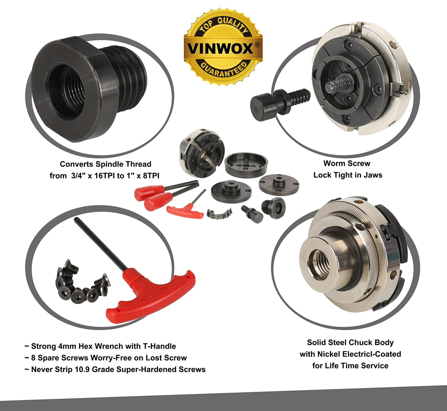 VINWOX SCR4-4NV-SET 4" Wood Lathe Scroll Chuck Set, 4-Jaw Self-Centering Chuck-Set, with Nickle electric Coating Body & 1"x8TPI thread & 3/4"x16TPI Adapter