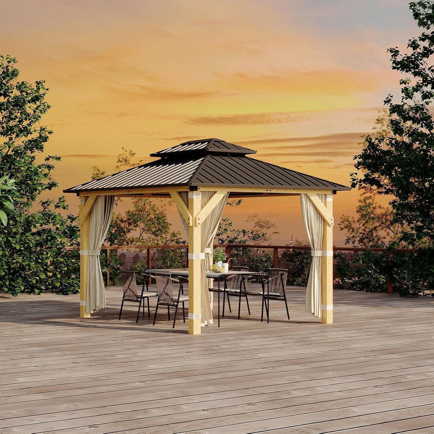 12' × 10' Hardtop Wood Gazebo with Double Galvanized Steel Roofm, Upgrade Wooden Frame with Nettings & Curtains for Backyard, Patio, Garden, All-Weather Khaki Outdoor Pavilion (4 Packages Shipped)