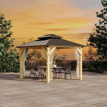 12' × 10' Hardtop Wood Gazebo with Double Galvanized Steel Roofm, Upgrade Wooden Frame with Nettings & Curtains for Backyard, Patio, Garden, All-Weather Khaki Outdoor Pavilion (4 Packages Shipped)