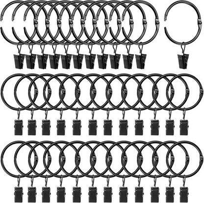 LLPJS Openable Curtain Rings - Durable Drapery Clips with Hooks | 1.26" Interior Diameter, Black, Set of 36