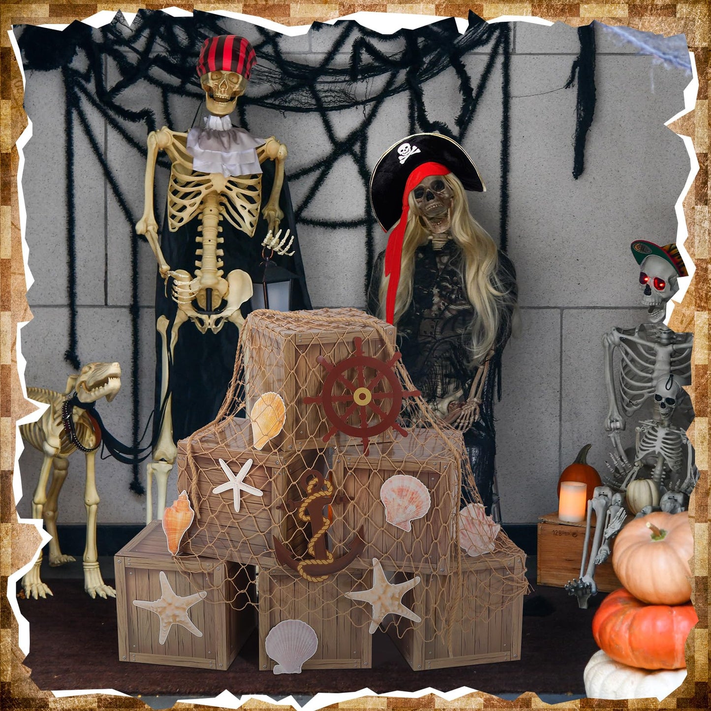 JellyArch 18 Pcs Pirate Party Decorations Imitation Wooden Box Fishing Net Car Trunk or Treat Gasparilla Style Decor Ocean or Pirate Party Favors Adventure Birthday Photo Booth Props