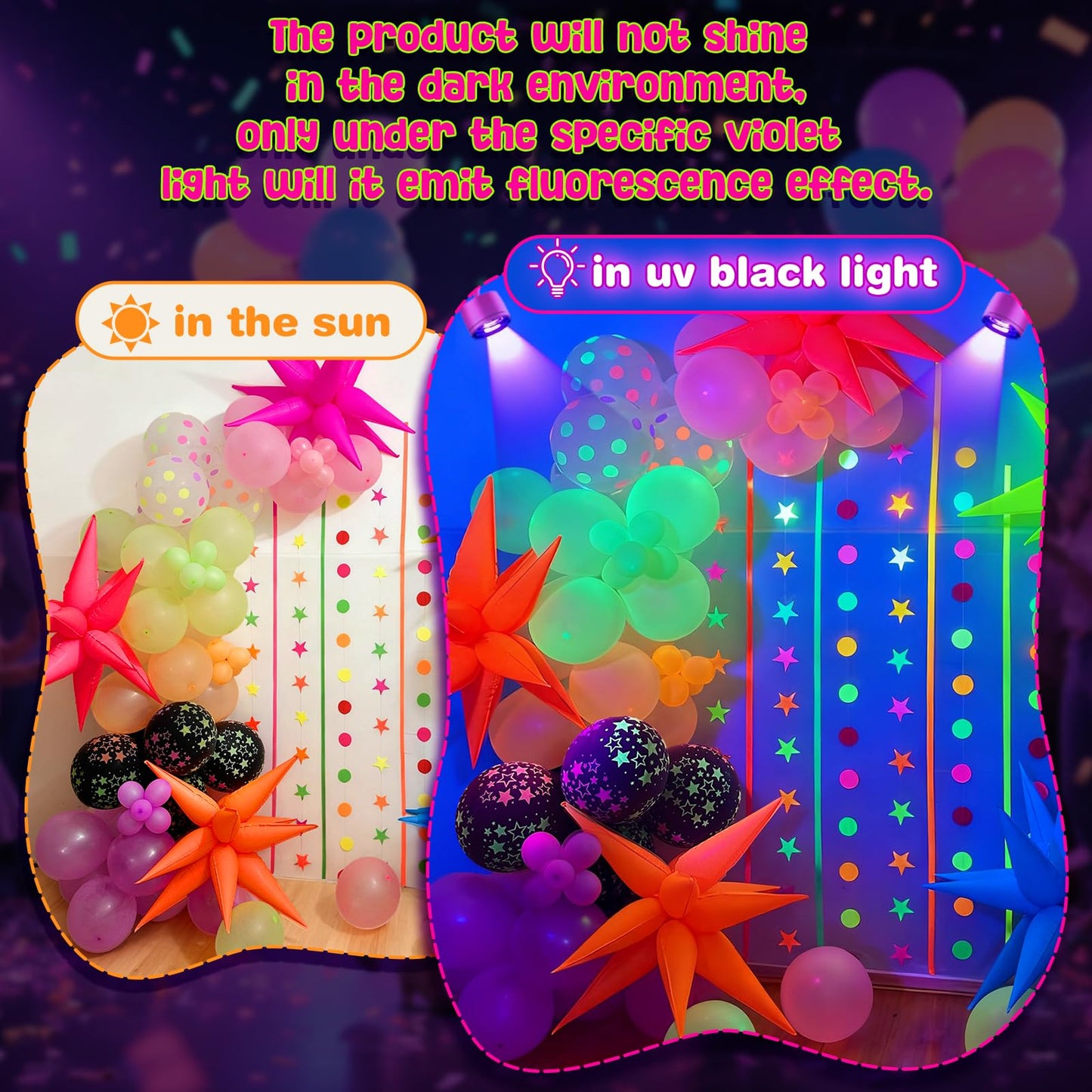 GYIPFIPA UV Neon Balloons, Glow in the Dark Party Supplies Neon Foil Explosion Star Balloon Kit Cone Balloons Glow in the Dark Birthday Decorations for Blacklight Party Decoration
