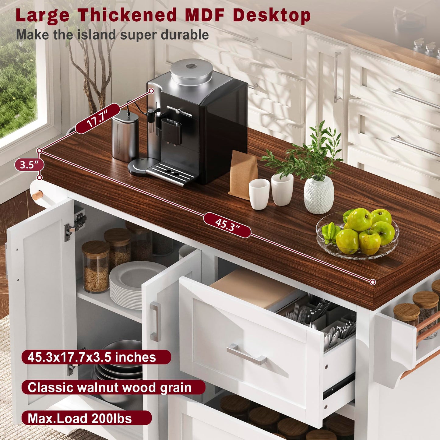Trygoal 53" Large Kitchen Island with Ultra-Thick 3.5" Countertop, Heavy-Duty Rolling Storage Cart on 5 Wheels, 2 Extra-Large Drawers, Adjustable Cabinet Shelf, for Kitchen, White