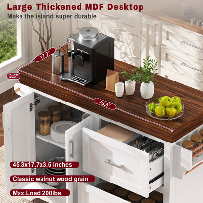 Trygoal 53" Large Kitchen Island with Ultra-Thick 3.5" Countertop, Heavy-Duty Rolling Storage Cart on 5 Wheels, 2 Extra-Large Drawers, Adjustable Cabinet Shelf, for Kitchen, White