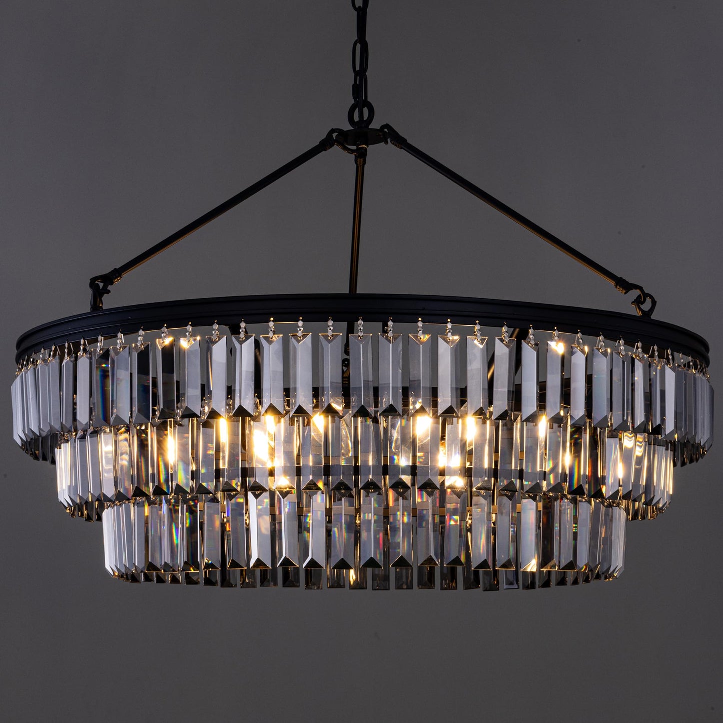 TOCHIC Farmhouse Crystal Chandelier, 29" Black Crystal Dining Living Room Chandelier Light Fixtures, 6 Lights Modern Foyer Hanging Chandeliers for Entryway, Bedroom, Kitchen, Stairway, Smoke Grey