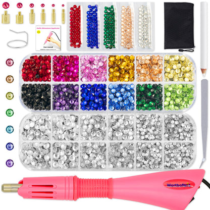 Worthofbest Hot Fix Rhinestone Applicator Tool Kit, 3400Pcs 3/4/5mm Glass Hotfix Rhinestones, Rhinestone Setter with 6 Tips Stand Zipper Bag Tweezers Gem Picker for DIY Clothing Fabric Crafts