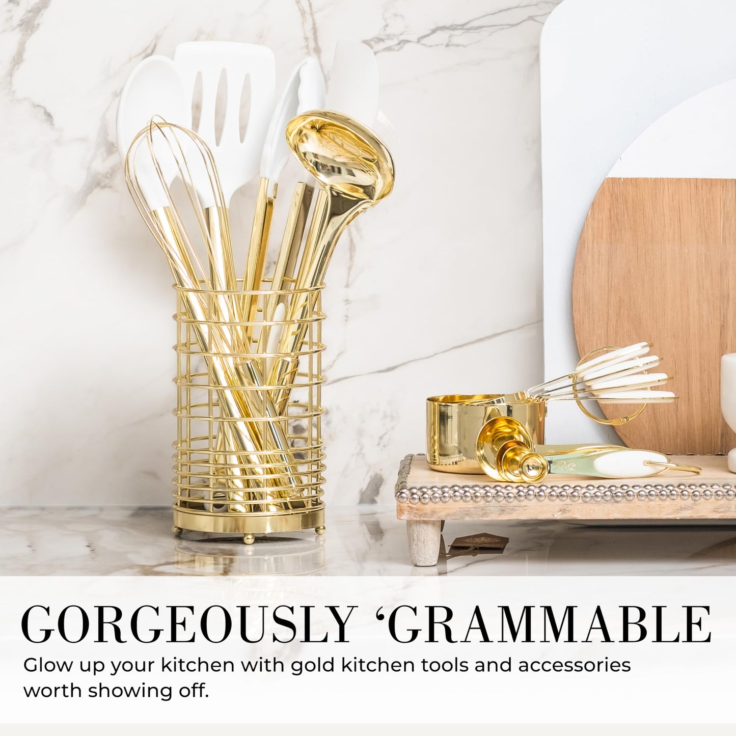 White Silicone and Gold Cooking Utensils Set with Gold Utensil Holder - 7-Piece Silicone Cooking Tools - Ideal for Nonstick Cookware and Stylish Modern Kitchens - Luxury Kitchen Accessories.