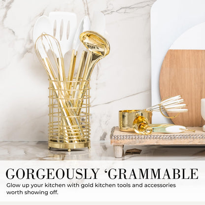 White Silicone and Gold Cooking Utensils Set with Gold Utensil Holder - 7-Piece Silicone Cooking Tools - Ideal for Nonstick Cookware and Stylish Modern Kitchens - Luxury Kitchen Accessories.