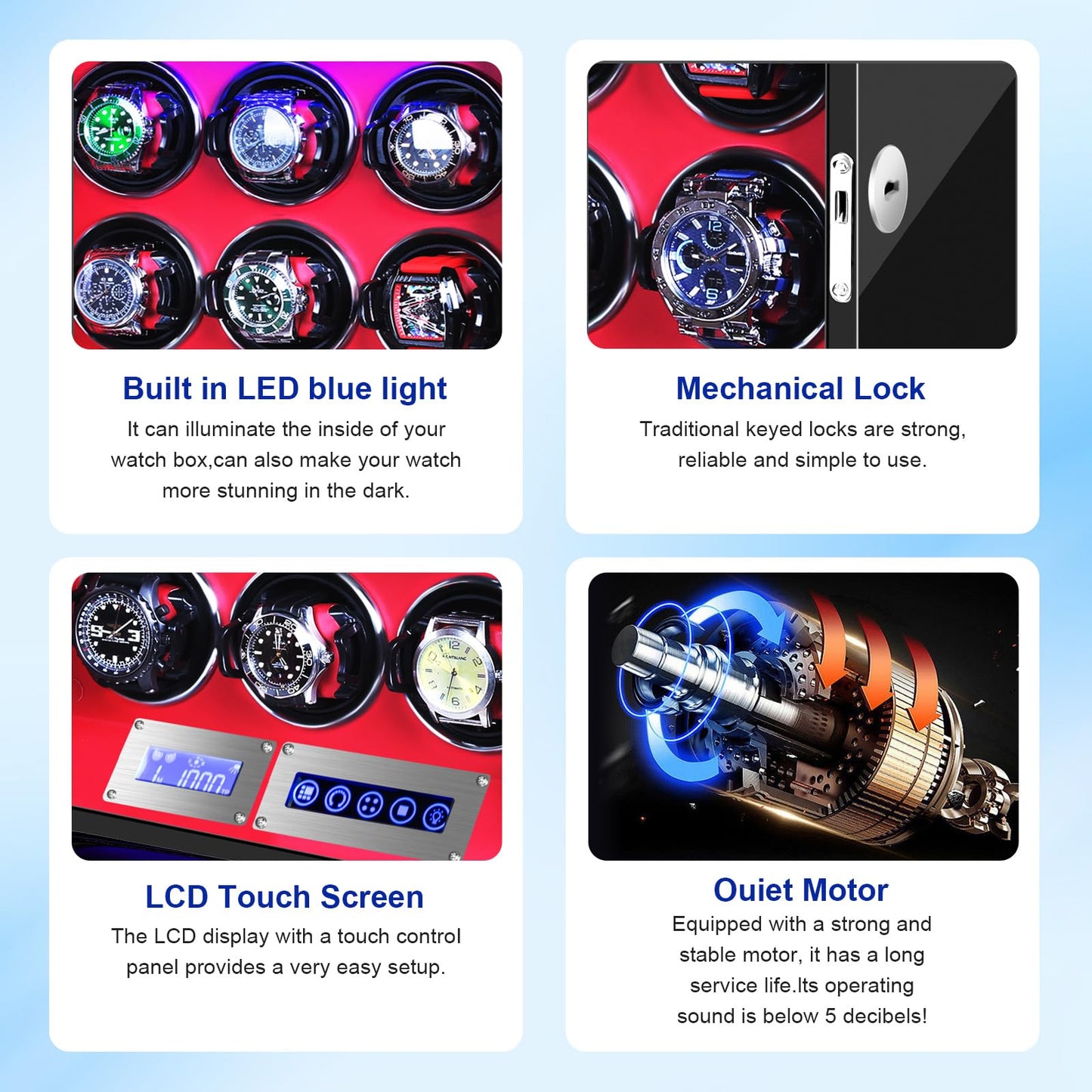 SNEOLTJN Watch Winder for 6 Slots Automatic Watches, Ultra-Quiet Japanese Motors, Built-in LED Illumination and LCD Touchscreen Control