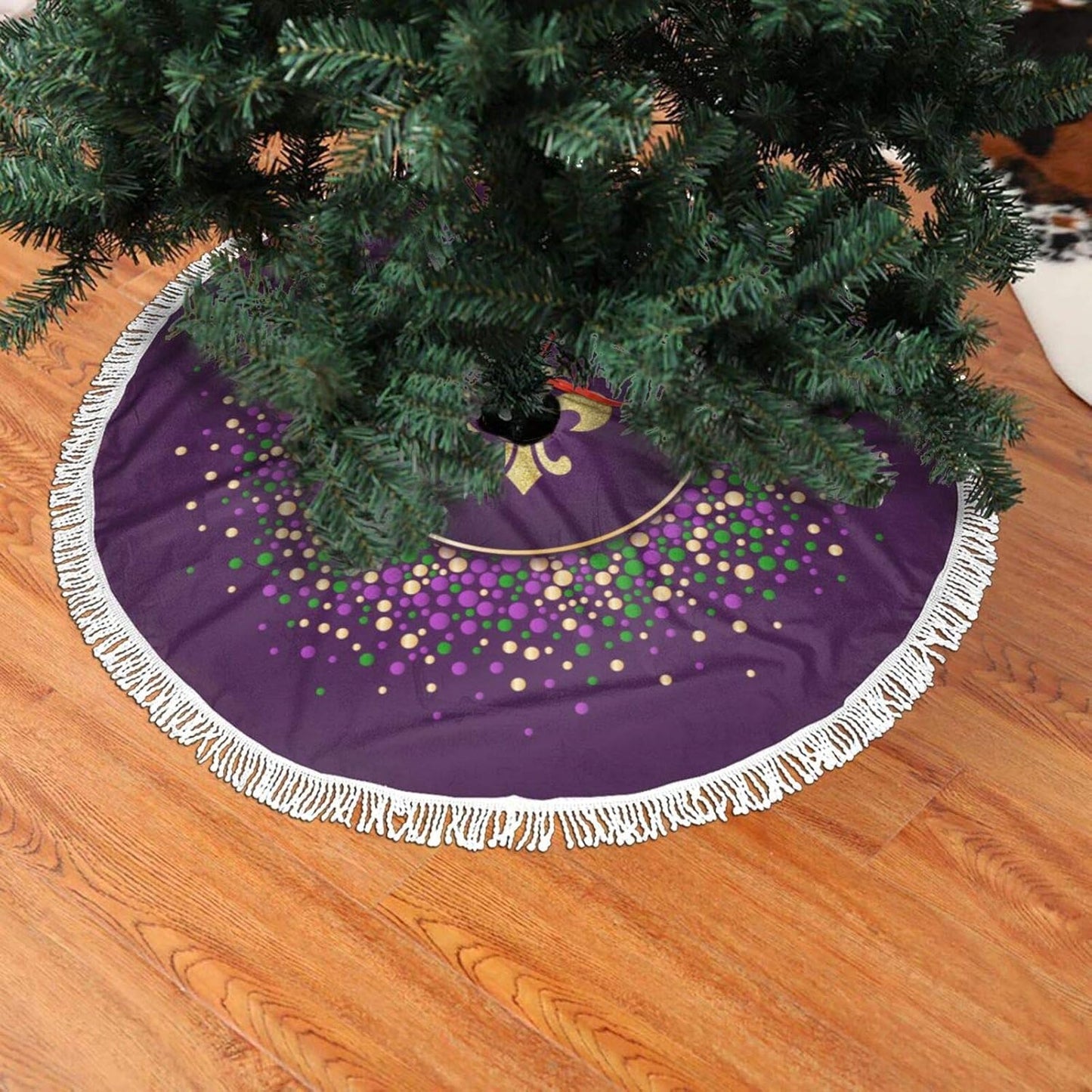 FREEHOTU Mardi Gras Christmas Tree Skirt - Purple Gold Fleur De Lis with Gorgeous Edge Tassel Lace for 48" Ornaments