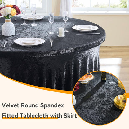 Outpain 2Pack 60 Inch Round Velvet Tablecloths - 120 Inch Stretch Spandex Table Cover with Floor-Length Skirt, Wrinkle-Free Luxury Elastic Table Cloths for Weddings,Banquets,Events (Black)