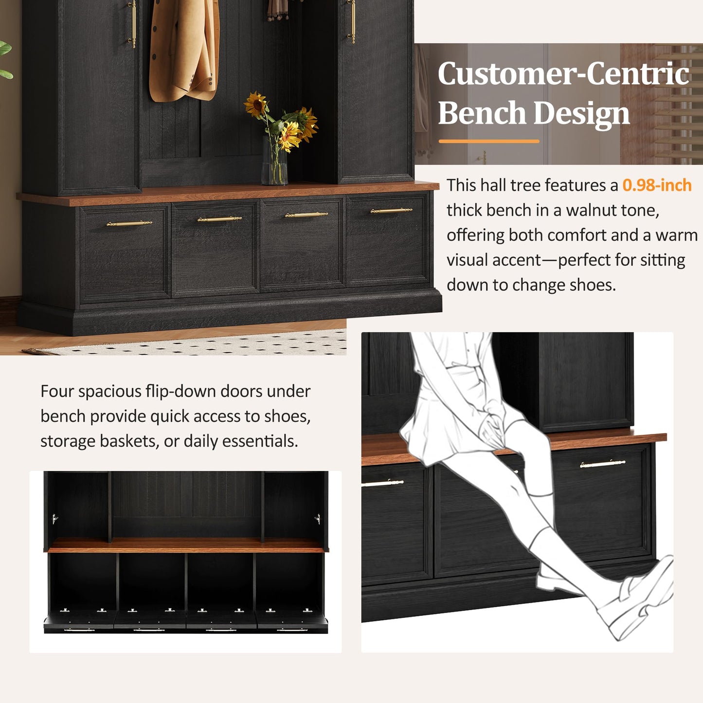 Merax 59" Farmhouse Hall Tree with Golden Hooks & Walnut Bench, Entryway Organizer with Adjustable Shelves, Shoe Storage, Anti-Tip for Mudroom, Living Room, Black