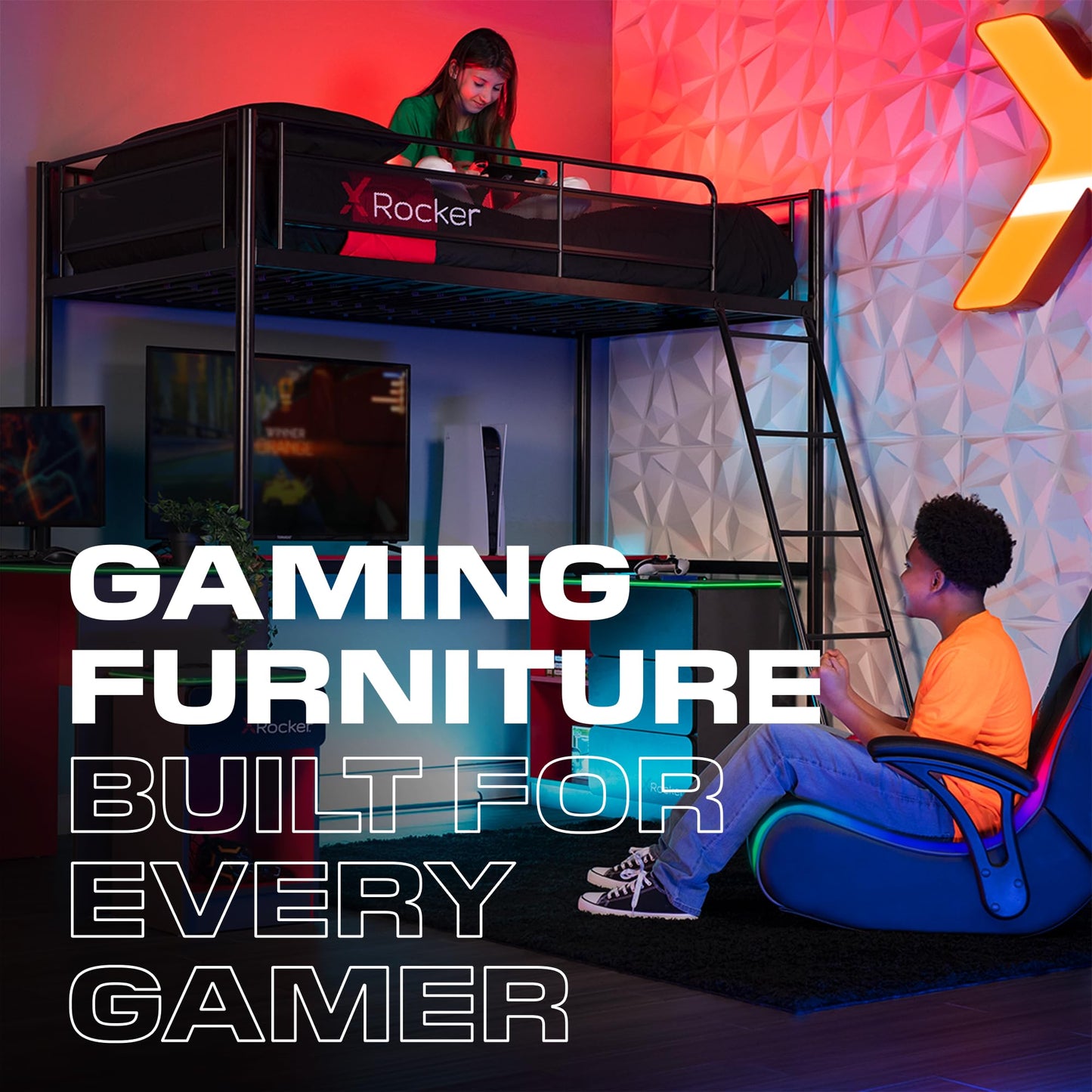 X Rocker Pixel Youth Video Gaming Floor Rocker Chair, Back to School Gifts for Gamers, Bedroom, Foldable, Black with Print