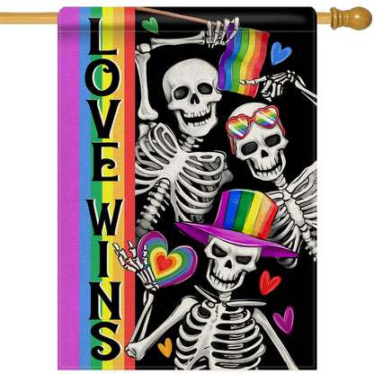 Dyrenson Pride Love Wins Rainbow Gothic Skeleton 28 x 40 House Flag Double Sided, Skull LGBTQ Gay Lesbian Garden Yard Decoration, LGBT Bisexual Pansexual Burlap Outdoor Decor Decorative Large Flag