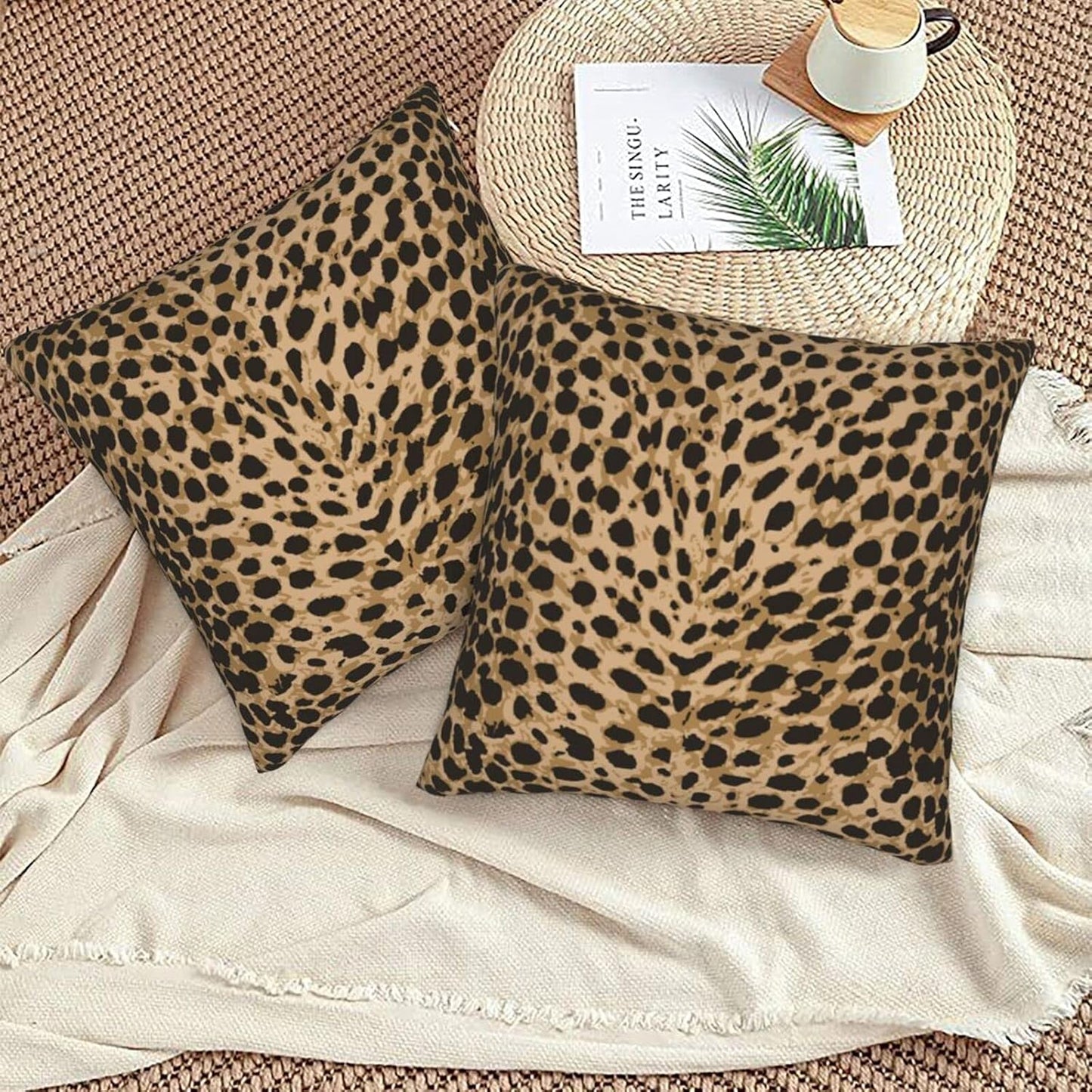 Leopard Skin Wild Animal Print Throw Pillow Cover Set of 2, Decorative Square Pillowcase for Bedroom, Living Room