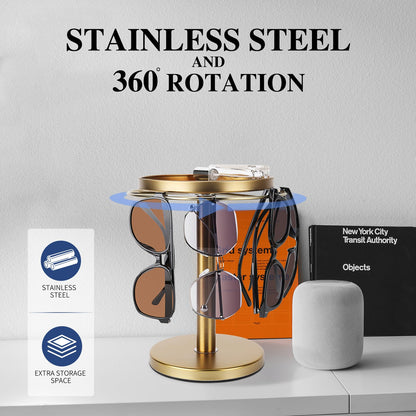 kondyfayo 360° Rotating Sunglass Organizer Storage, Stainless Steel Glasses Holder Stand, Glasses Organizer with Tray for Desk, Dresser, Tabletop, Nightstand and Home Decor (Gold)
