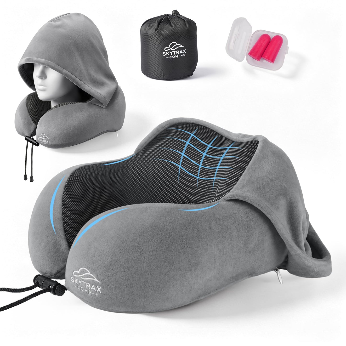 SkytraxComf® Travel Neck Pillow with Hood for Privacy on Long Flights