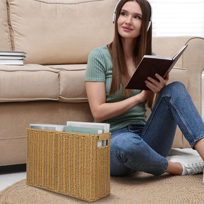 Healeved Woven Seagrass Magazine Basket, Floor Magazine Holder for Books, Newspapers, Tablets