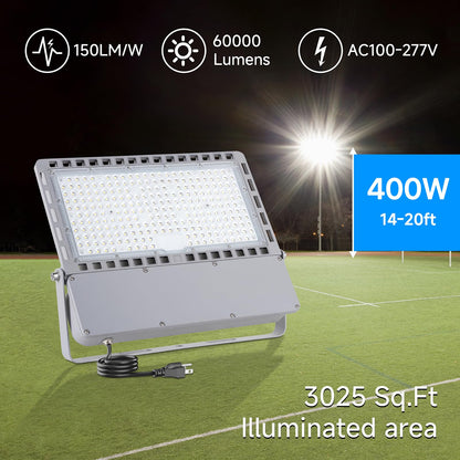 ROMMOR 400W Led Stadium Flood Light Outdoor 60000Lm 2500W Equivalent Super Bright Commercial Area Lighting 100-277V 5000K Daylight IP66 Waterproof Arena Lights for Sport Fields and Courts
