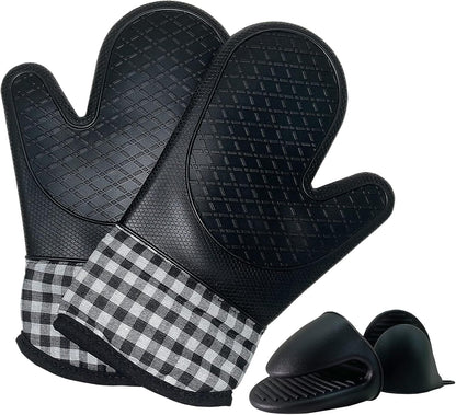 4pcs Set Oven Gloves and Pot Holder Set, Heat-Resistant 500 Degree, Non-Slip Food-Grade Long Oven Gloves