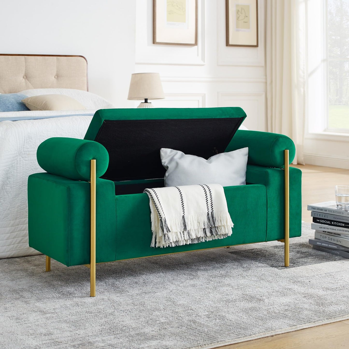 KEIKI Linen Ottoman Bench with Storage & Cylindrical Armrest, Upholstered Seating Foot Rest Stool Furniture for Bedroom, Living Room, Entryway, Green