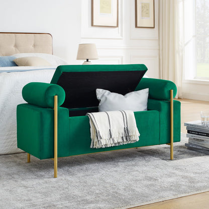 KEIKI Linen Ottoman Bench with Storage & Cylindrical Armrest, Upholstered Seating Foot Rest Stool Furniture for Bedroom, Living Room, Entryway, Green