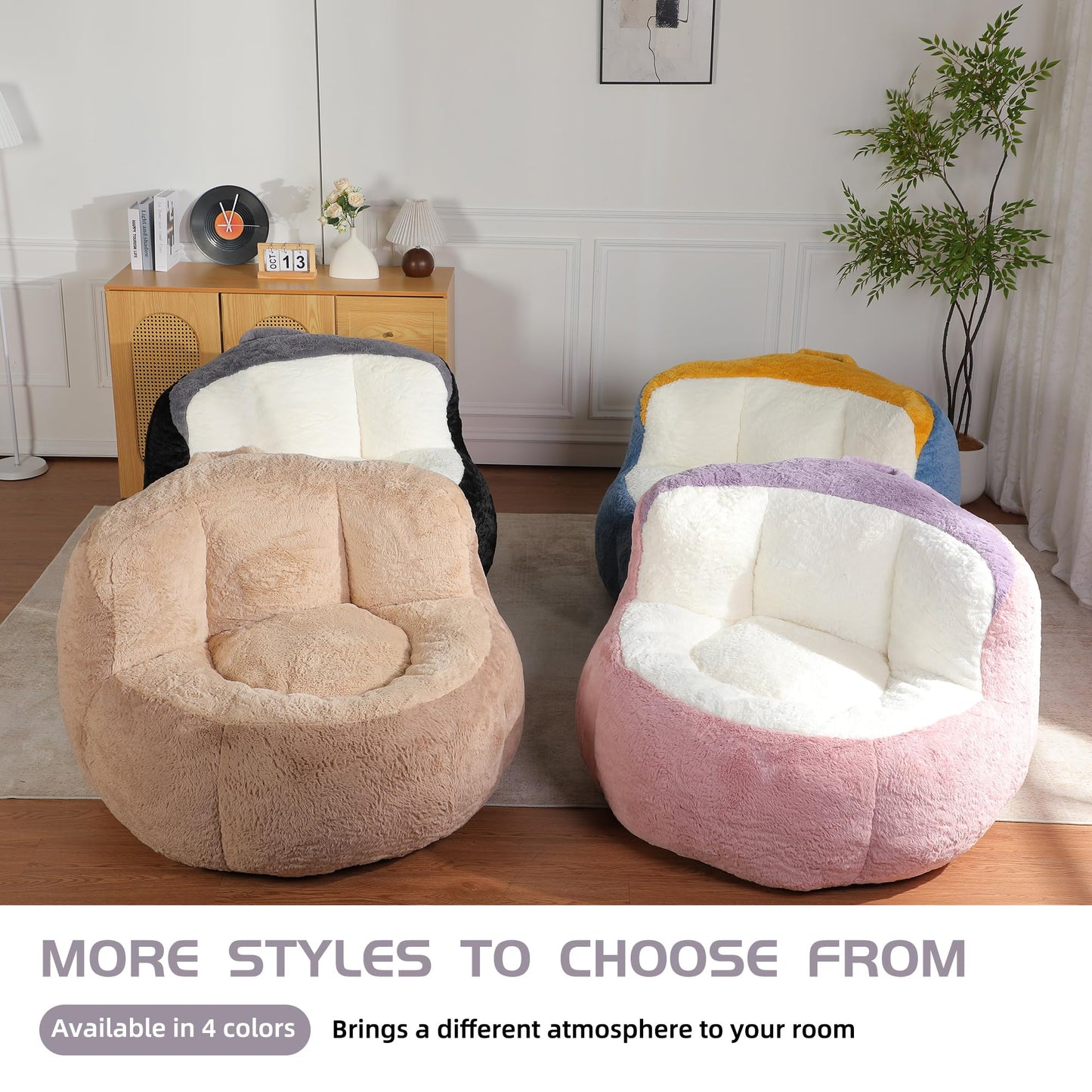 Oversized Bean Bag Chairs,Multicolor Faux Fur Couch Filled with Shredded Sponge,Large Lounger Sofa for Living Room,No Assembly Required, Black+White+Grey