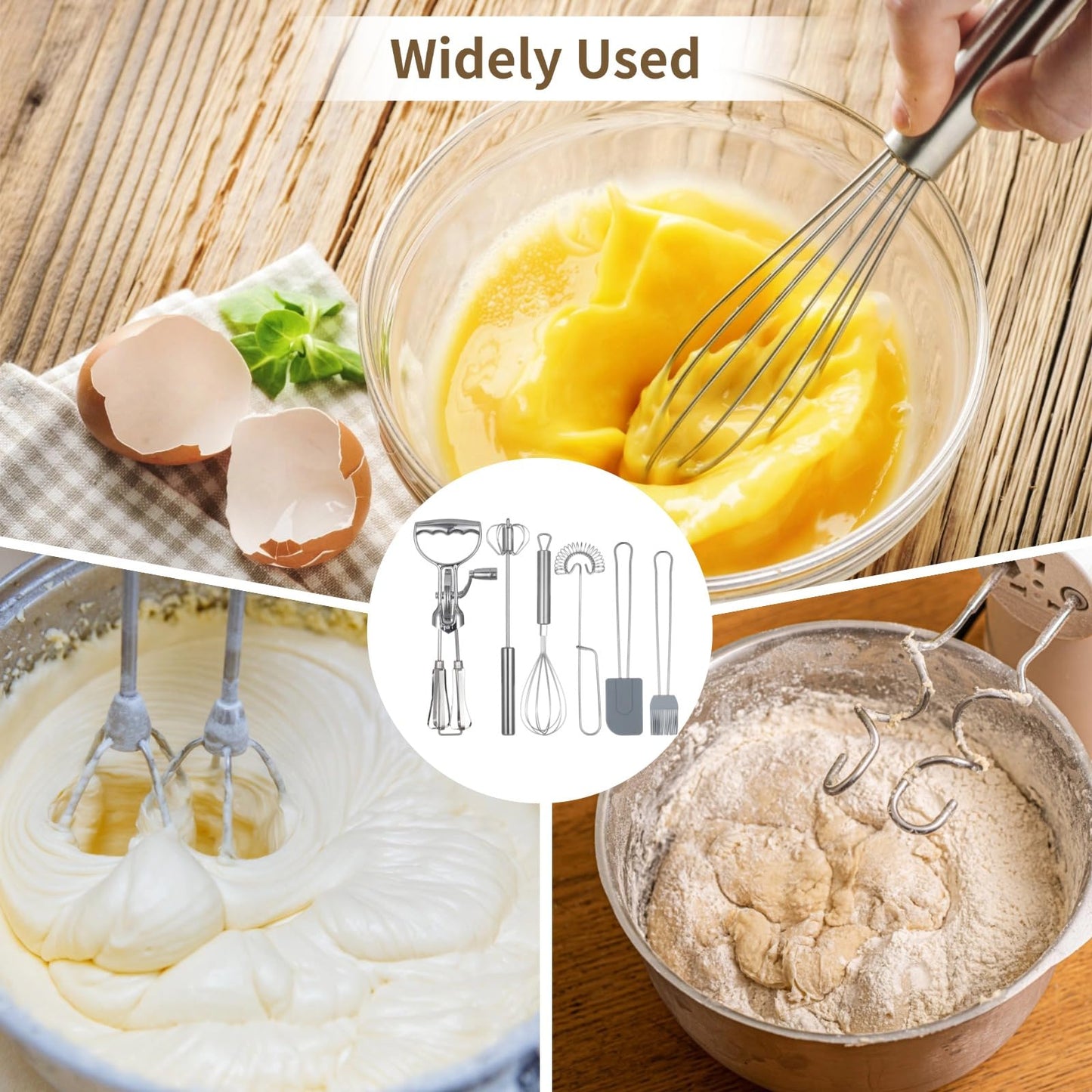 Rotary Egg Beater Set, Manual Rotating Beater with Mixer, Spring Whisk, Semi-automatic Whisk, Silicone Brush, and Spatula, Household Double-head Hand Push Ehisk Accessories