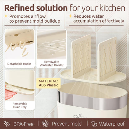COZYTO LuxTray U1-Pro Wall Mounted Utensil Holder – Kitchen Organizer with Hooks, Dividers & Drain Tray, No-Drill Adhesive Wall Mount Storage, BPA-Free (Cream White & Shiny Silver)