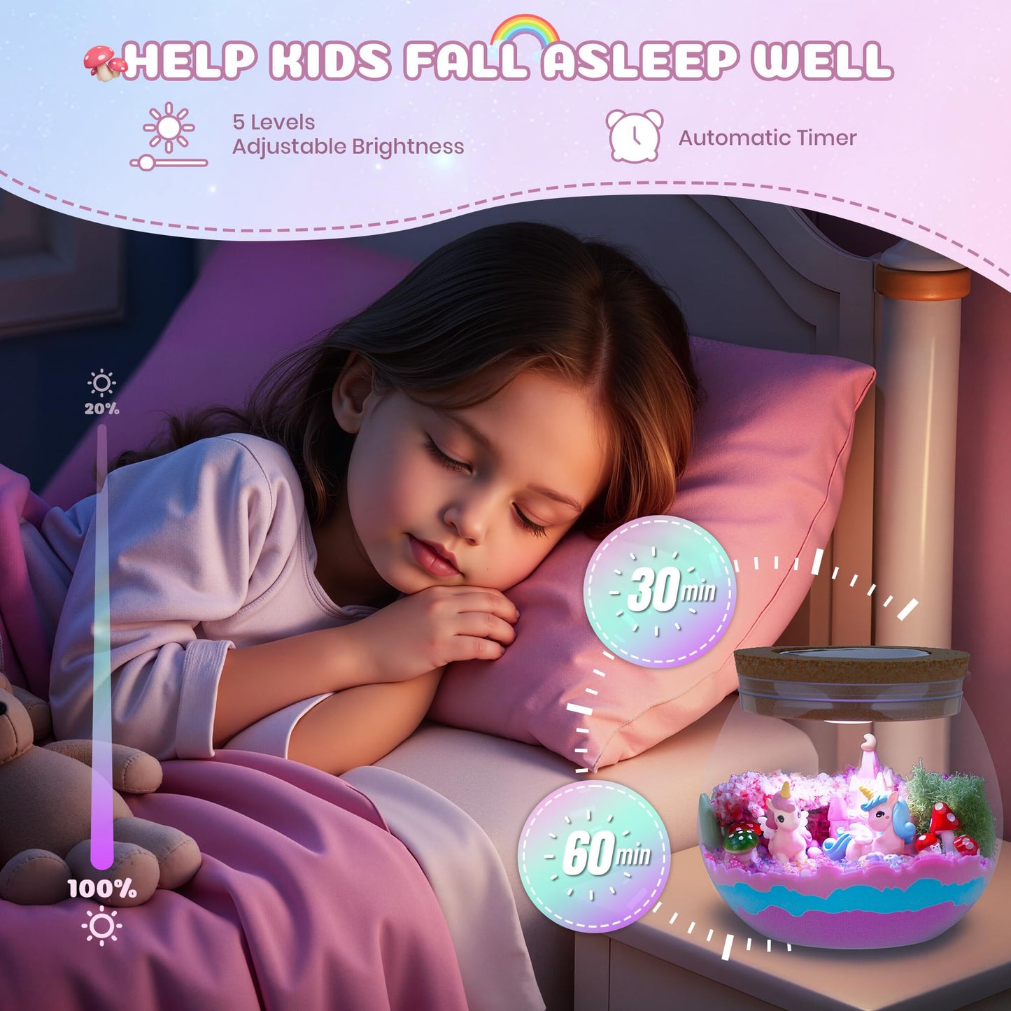 Nicella Unicorn Light-Up Terrarium Kit for Kids - LED Night Light Birthday Gift for Girls Ages 4 5 6 7 8-12 Year Old - Unicorn Toys for Girls - DIY Arts and Crafts Kit for Kids - Best Presents
