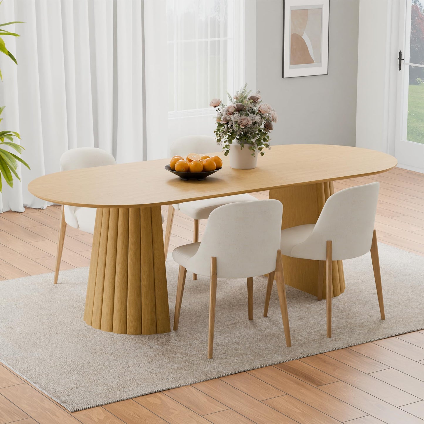 Casaphoria 79" Oval Dining Table, Modern Wood Kitchen Table with Cone Shaped Stripe Convex Base for Living Room & Dining Room, Easy Assembly Farmhouse Furniture for 6-8, Oak
