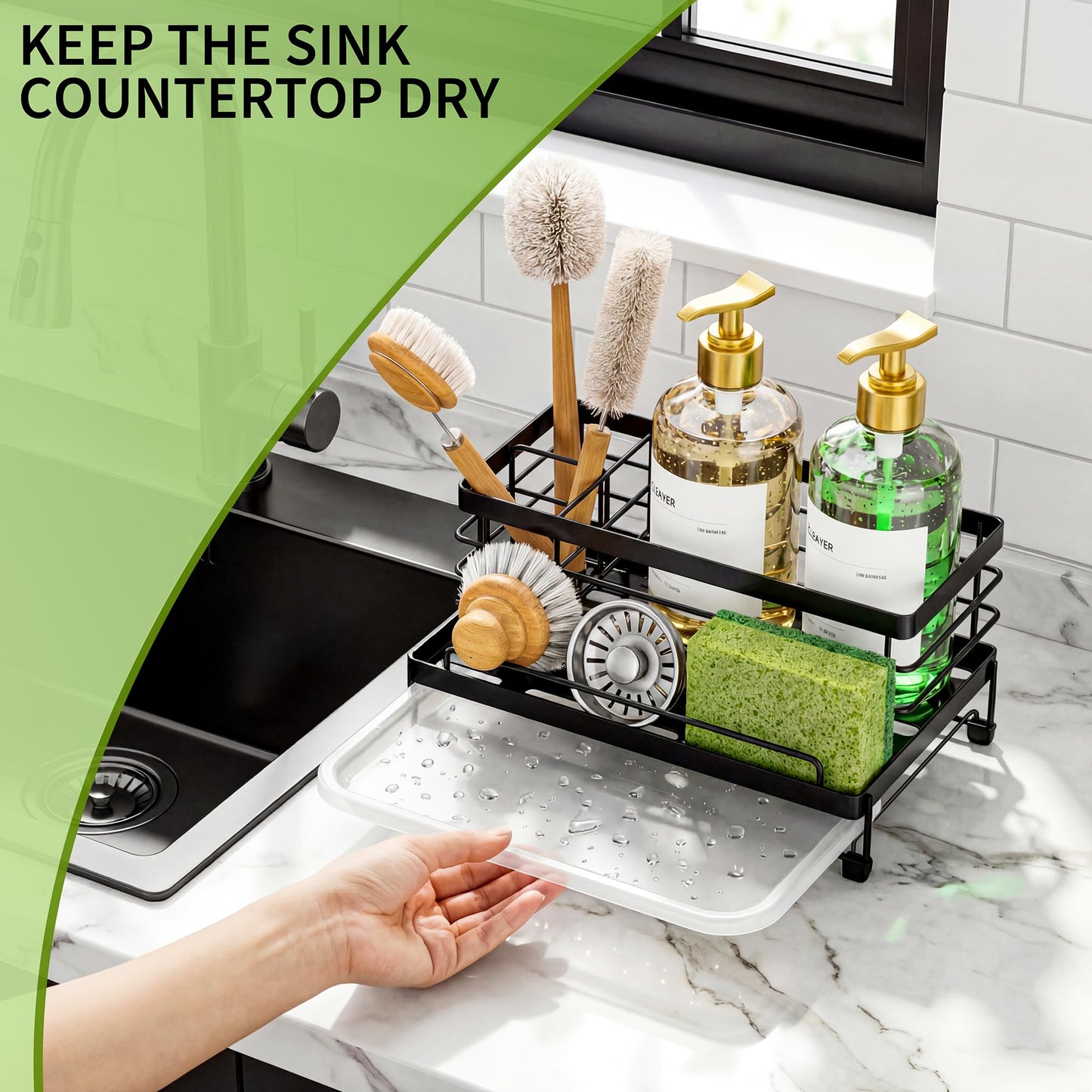 Cisily Black Sponge Holder for Kitchen, Sink Caddy Sink Organizer Rack for Kitchen Accessories with Drip Tray, Rustproof and Non-slip, Soap Dispenser Countertop Organizer Essentials for New Home