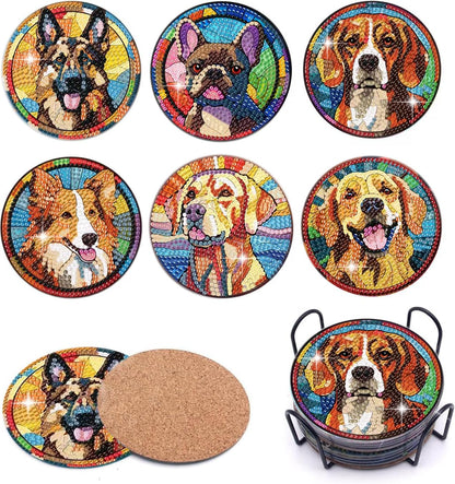 Puraikcmi 6pcs Dogs DIY Diamond Art Painting Kits Coasters with Holder, Diamond Coasters by Number Adults Crafts Full Drill Round Mosaic Stitch Art Craft Supplies