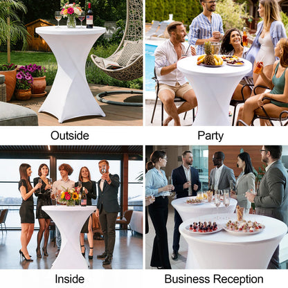 HTVSHEE 2 Set 32" Cocktail Tables Round Folding High Top Tables with Removable Legs & 2 White Stretch Table Cover Hightop Table for Bar Indoor Parties Patio Wedding