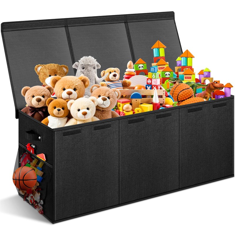 Extra Large Toy Box with Lids - Sturdy Collapsible Kids Storage Organizer Big Bin Chest Basket with Dividers for Boys Girls, Bedroom, Nursery, Living Room, Playroom Organization, 38"x16"x14", Black