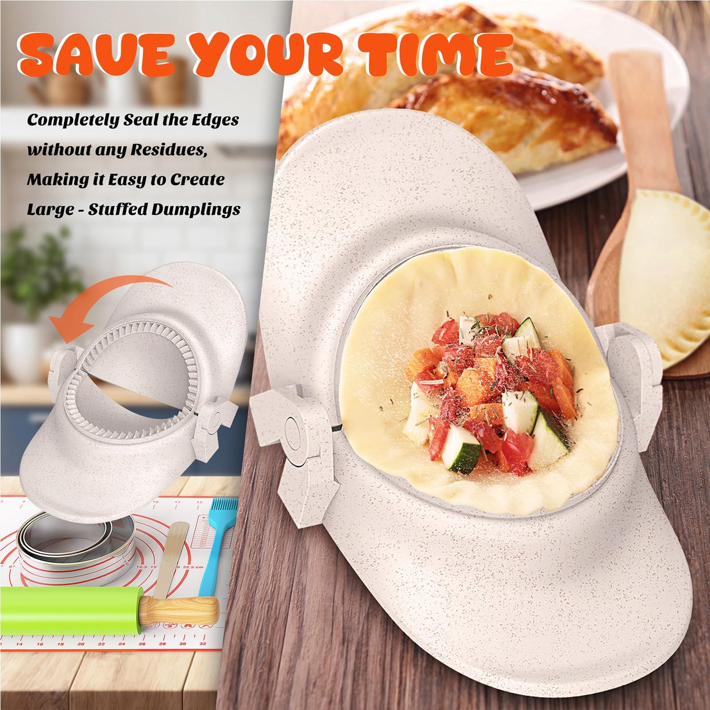 NAMUPIE 7 Piece Dumpling Maker Kit - All-in-One Empanada Maker Set with Press Molds & Ring Cutters, BPA-Free Kitchen Accessories for Home Cooking, Family/Friends Fun Gift (Beige)