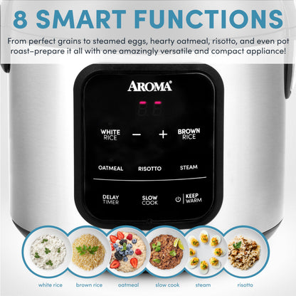 AROMA Digital Rice Cooker, 4-Cup (Uncooked) / 8-Cup (Cooked), Steamer, Multicooker, Slow Cooker, Oatmeal Cooker, Auto Keep Warm, 2 Qt, Stainless Steel Exterior