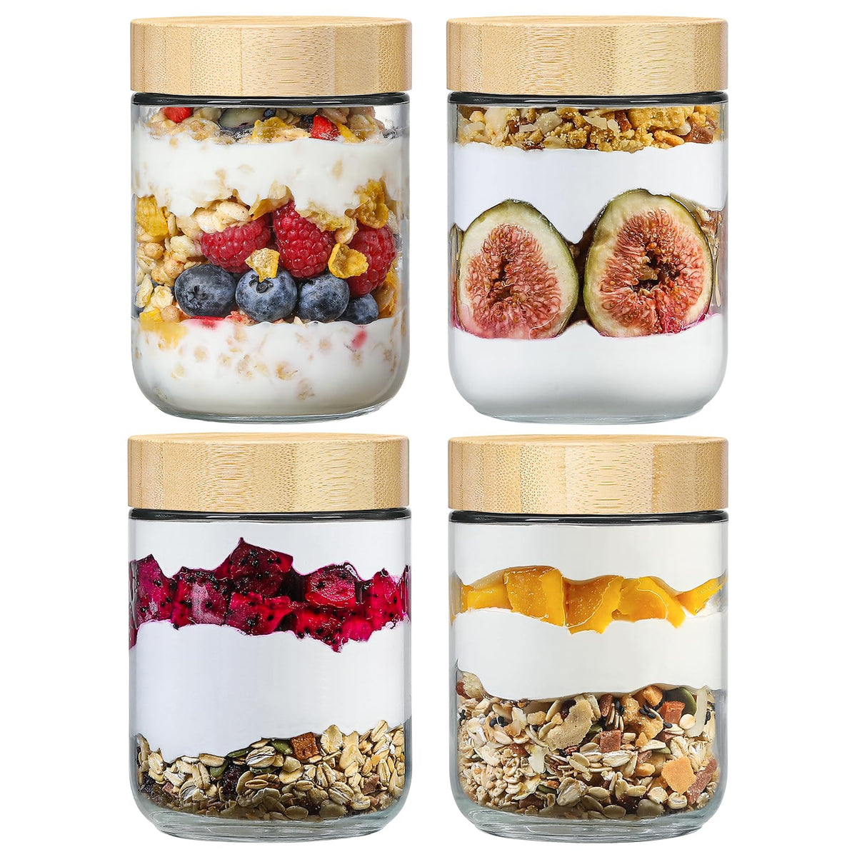 NETANY 4-pack 16oz Glass jars with Airtight Lids, Overnight Oats Containers with Bamboo Lids, Wide mouth Mason Salad jars, Glass Food Storage Containers for Snacks Yogurt Spice Sugar