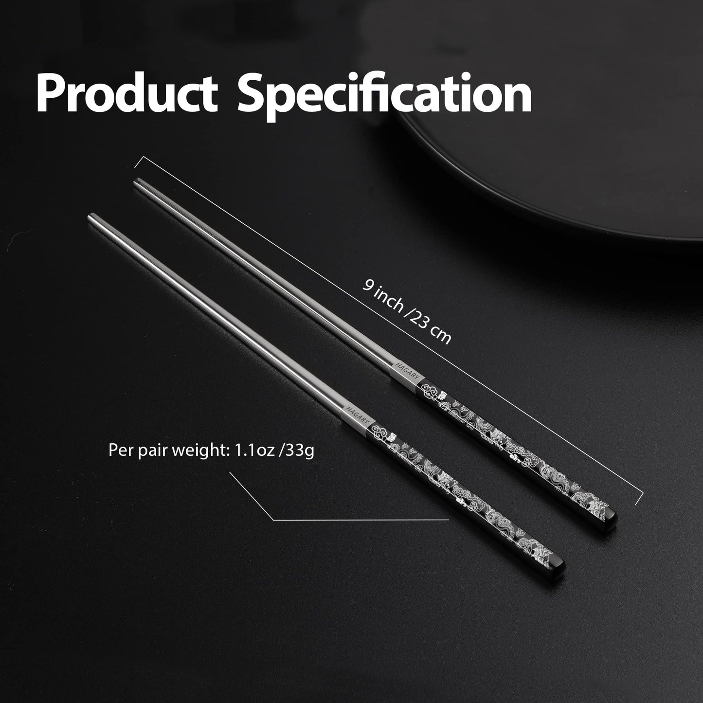 Hagary Dragon Chopsticks Metal Reusable Designed In Korea Japanese Style Stainless Steel 316 18/10 Non-Slip Dishwasher Safe Laser Etched (Black - 5 Pairs)
