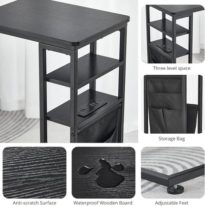 28"(H) 3-Tier C Shaped End Table with Charging Station, C Table with Storage Bag, Under Couch Table C-Shaped End Table