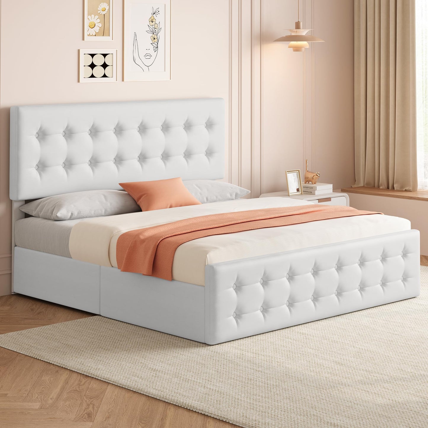 GAOMON King Size Bed Frame with 4 Storage Drawers and Headboard, Faux Leather Upholstered Platform Bed Frame with Wooden Slats Support, Button Tufted Design, No Box Spring Needed, White