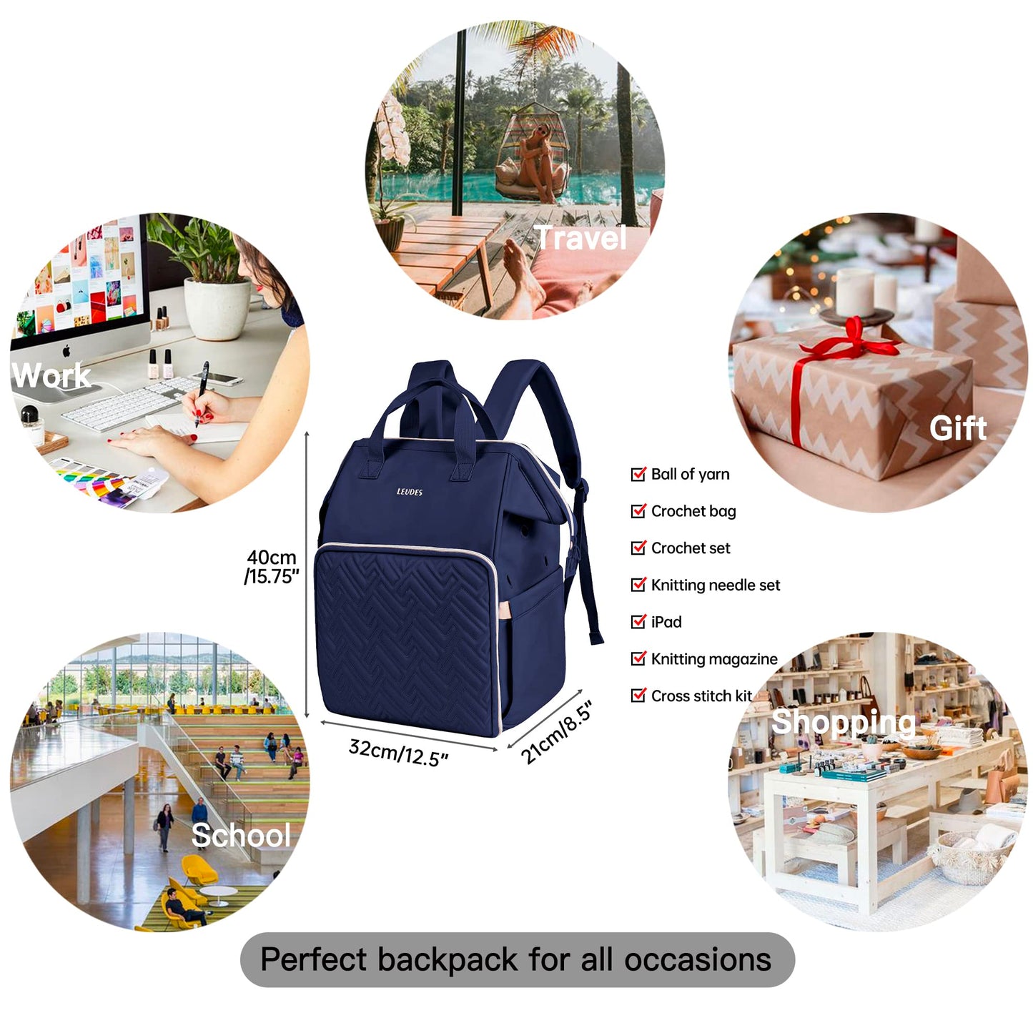 Leudes Knitting Bag Backpack, Yarn Storage Organizer Large Crochet Bag Tote Water Resistant Yarn Holder Case for Carrying Projects, Knitting Needles, Crochet Hooks and Other Accessories (Navy Blue)