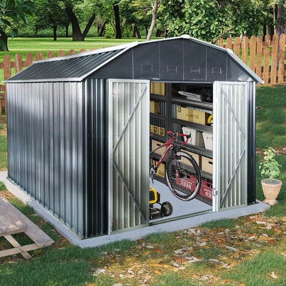 10x12 FT Outdoor Metal Storage Shed with Sloped Roof, Lockable Double Doors, 8 Air Vents, Galvanized Steel Garden Shed, Weather-Resistant Tool Storage House with Easy Assembly for Backyard Patio Lawn