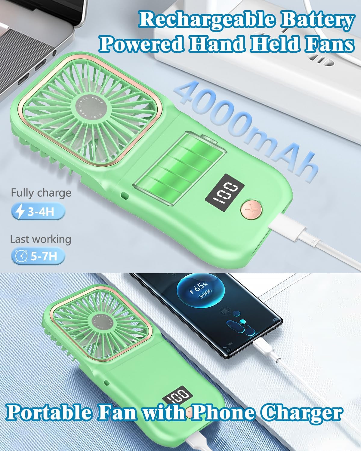Mini Fan Handheld Foldable Fan, USB Personal Fans Portable Rechargeable Battery Fan 3 Speeds, Cute Face Cooling Fan for