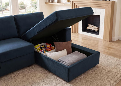 HONBAY Sectional Sleeper Sofa with Pull Out Bed U-Shape Sectional Couch Sleeper Bed with Storage Chaise Lounge Living Room 6 Seater Sectional Sofa,Velvet Dark Blue