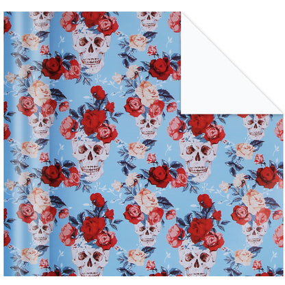 Aimyoo Blue Skull Floral Wrapping Paper Jumbo Roll 17 in x 60ft, Gothic Gift Wrap Paper for Halloween Wedding Bridal Shower