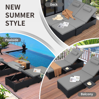 WAROOM Outdoor Chaise Lounge Chairs for Outside Patio Furniture Set of 2 Wicker Recliner Black Rattan Sunbathing Lounger Adjustable Backrest Pool Reclining Chair, Grey Cushion