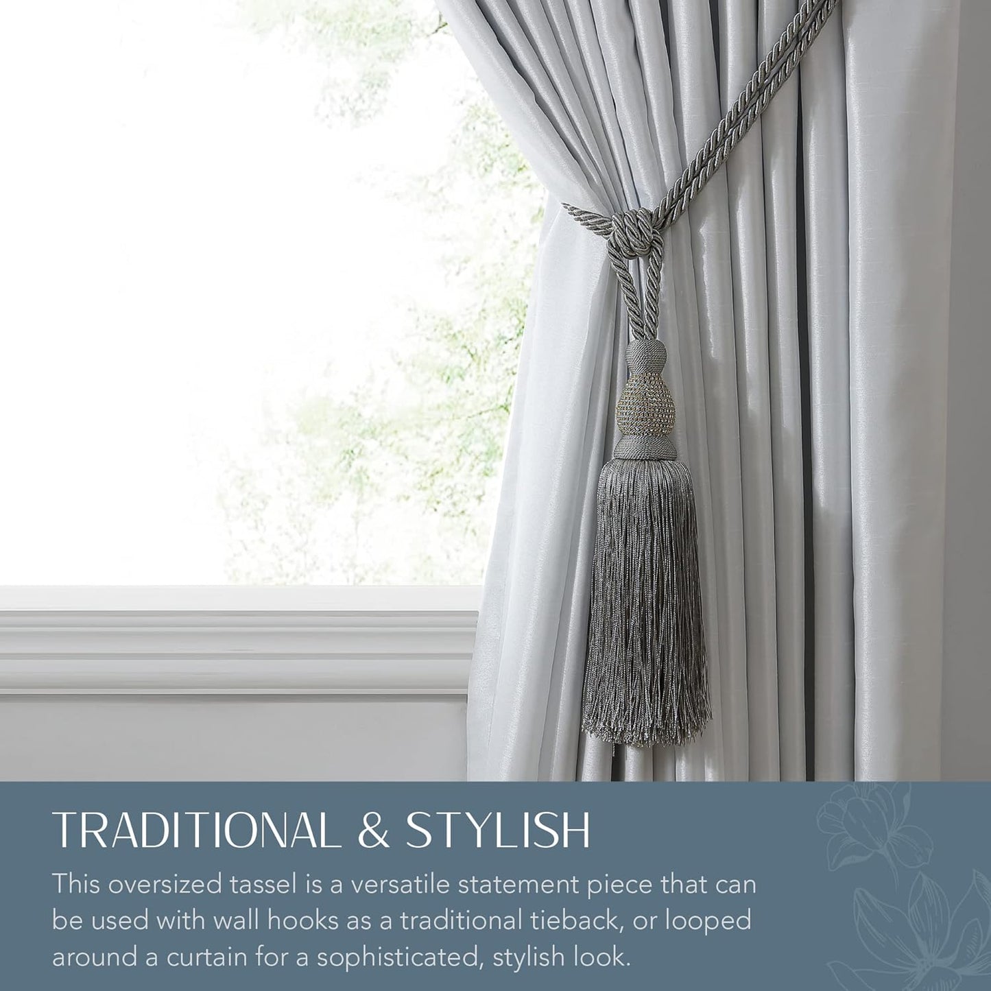 Elrene Home Fashions Julia Rhinestone Tassel Curtain Tieback, 26", Grey